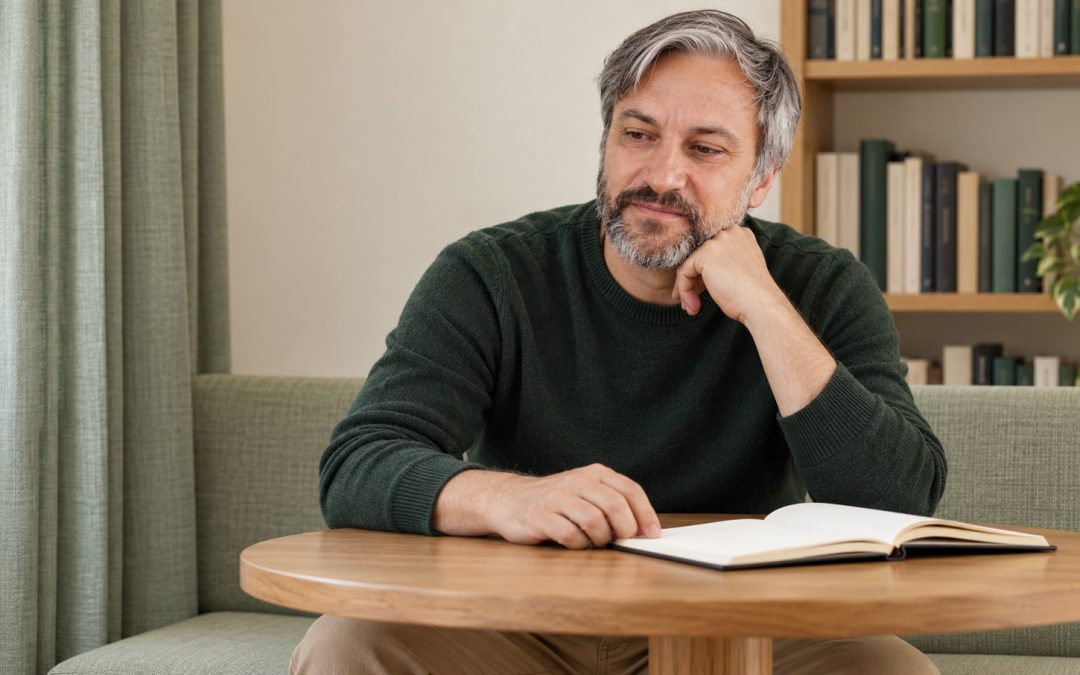 Man in a forest-green sweater sitting at a round wooden table with an open notebook.